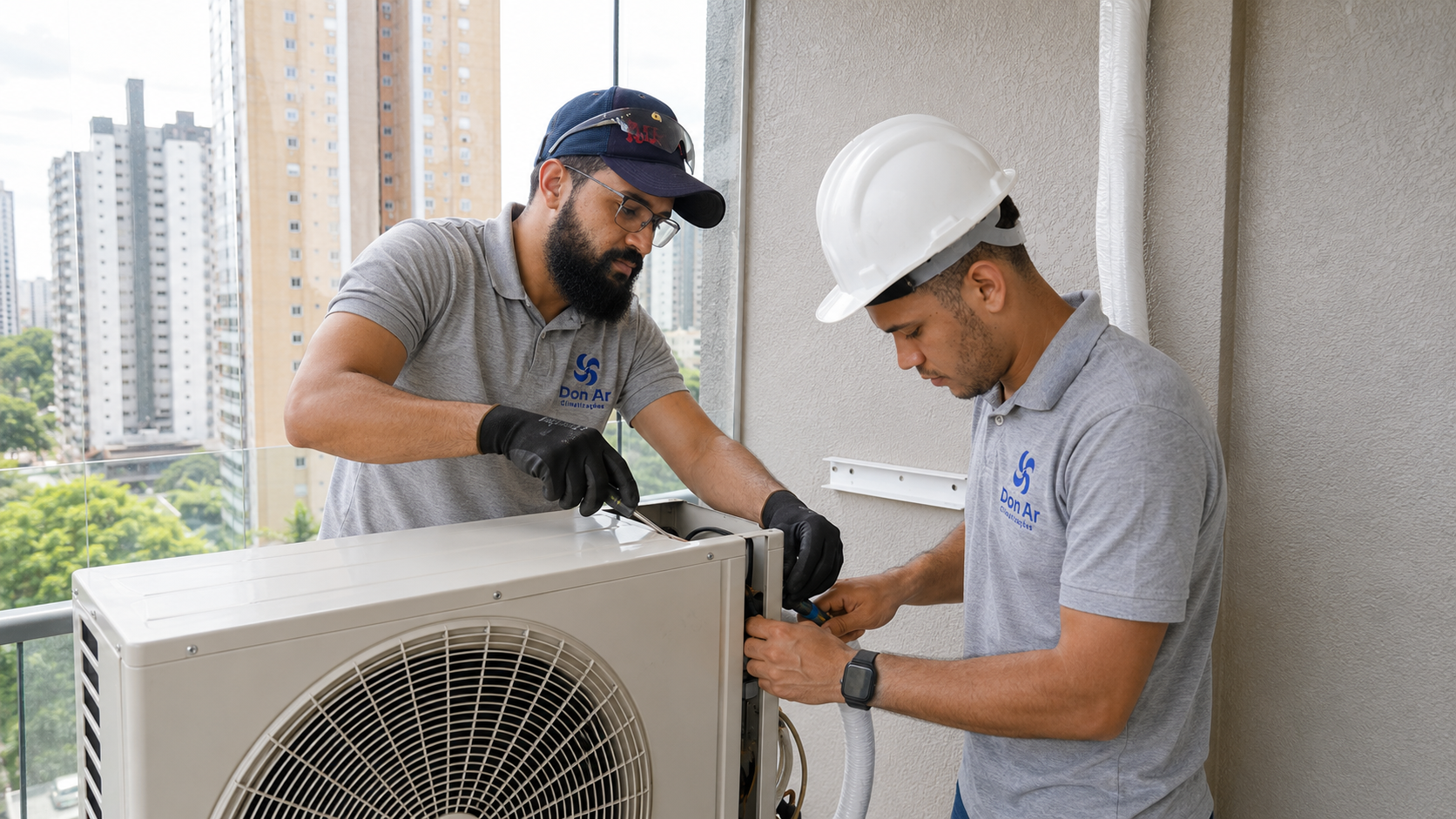Técnicos da Don Ar realizando diagnóstico e conserto na unidade externa do ar-condicionado