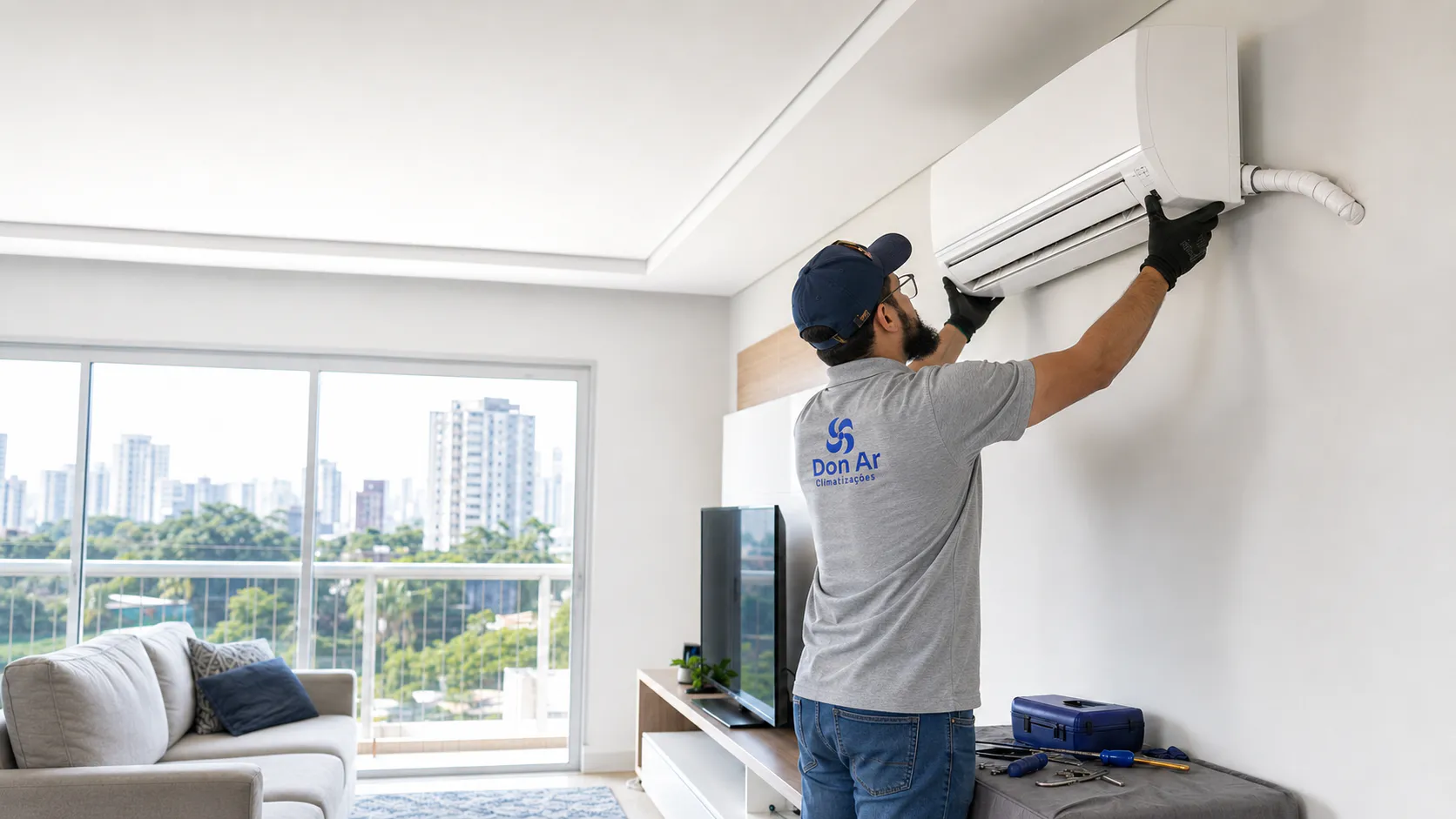 Técnico instalando ar-condicionado split em ambiente residencial