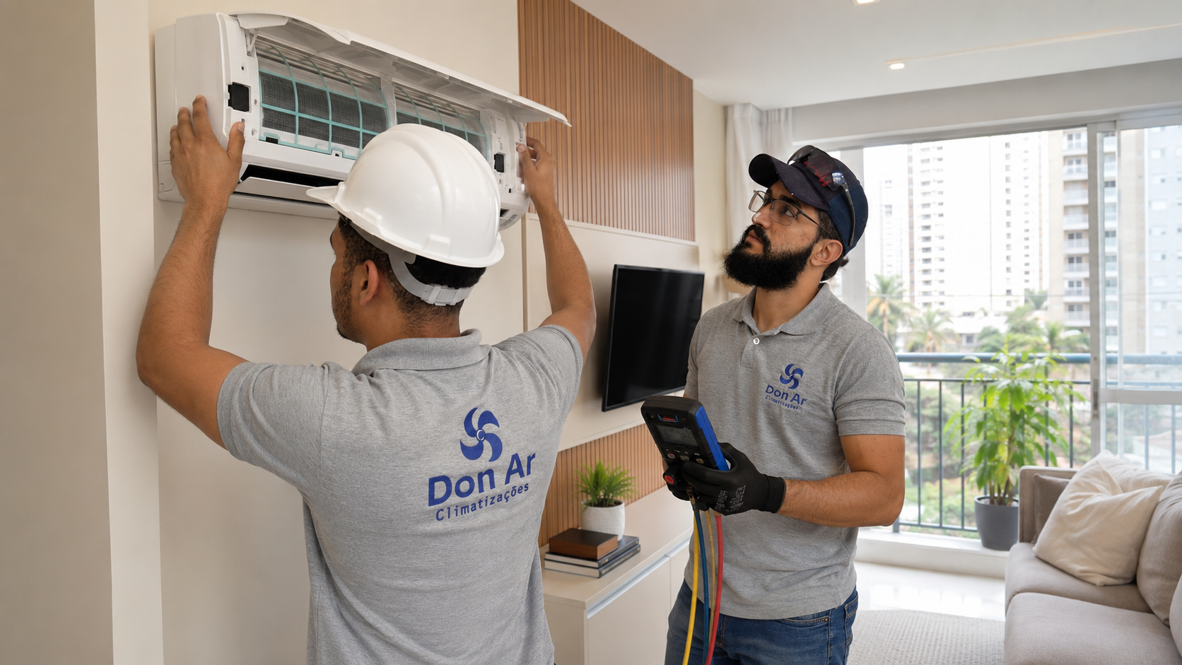 Técnicos da Don Ar realizando manutenção preventiva em um ar-condicionado split
